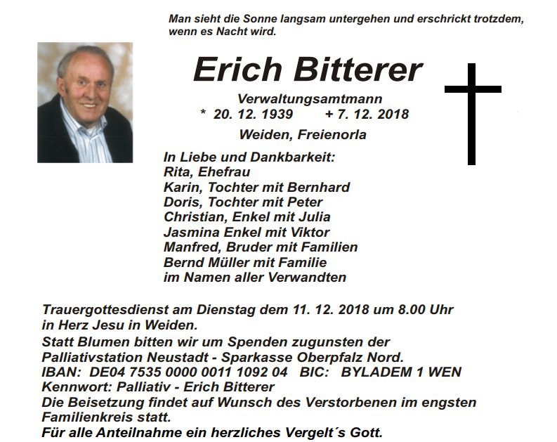 Traueranzeige Erich Bitterer, Weiden