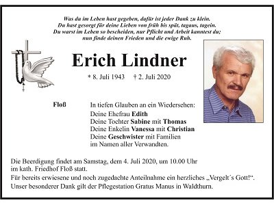 Traueranzeige Erich Lindner, Floß