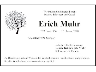 Traueranzeige Erich Muhr, Altenstadt/WN