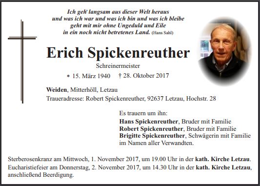 Traueranzeige Erich Spickenreuther, Weiden