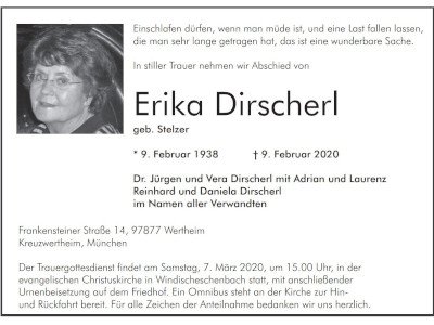 Traueranzeige Erika Dirscherl, Windischeschenbach