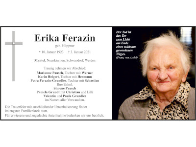 Traueranzeige Erika Ferazin, Mantel