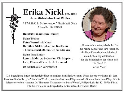 Traueranzeige Erika Nickl, Weiden