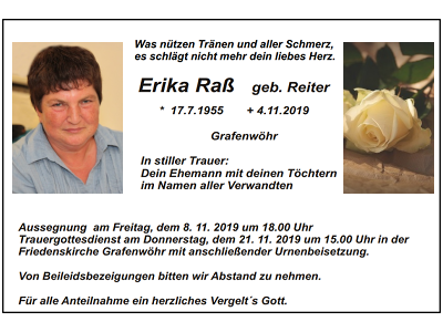 Traueranzeige Erika Raß, Grafenwöhr