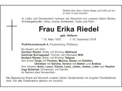 Traueranzeige Erika Riedel, Floß