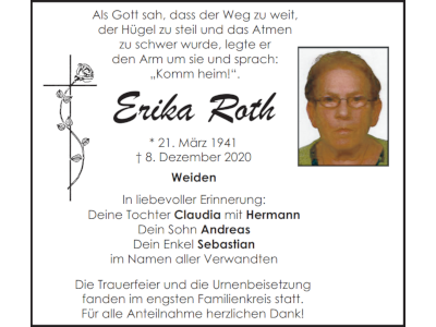 Traueranzeige Erika Roth, Weiden