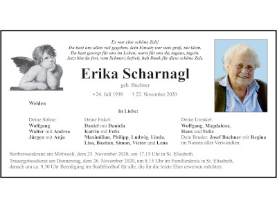 Traueranzeige Erika Scharnagl, Weiden