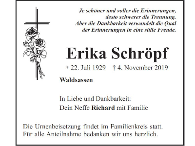 Traueranzeige Erika Schröpf, Waldsassen
