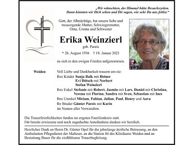 Traueranzeige Erika Weinzierl, Weiden