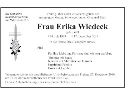 Traueranzeige Erika Wiedeck, Floß