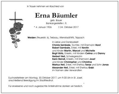 Traueranzeige Erna Bäumler, Weiden