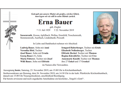 Traueranzeige Erna Bauer, Sassenreuth