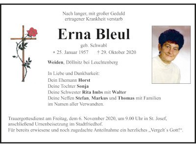 Traueranzeige Erna Bleul, Weiden