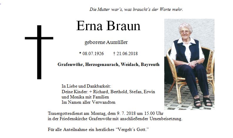 Traueranzeige Erna Braun, Grafenwöhr