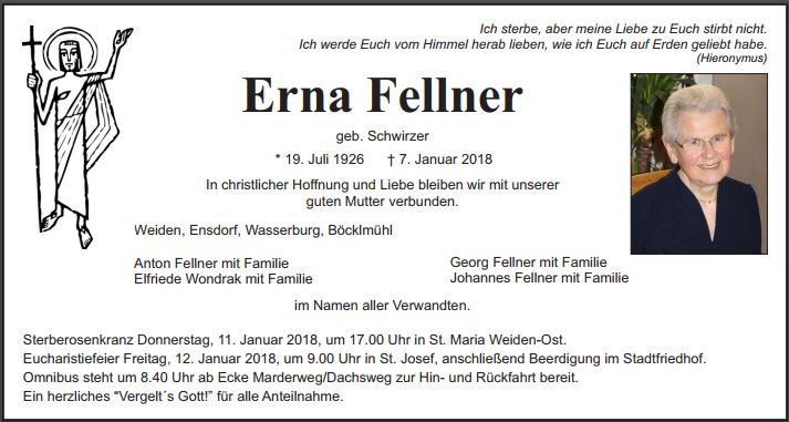 Traueranzeige Erna Fellner, Weiden