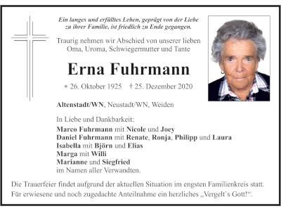 Traueranzeige Erna Fuhrmann, Altenstadt/WN