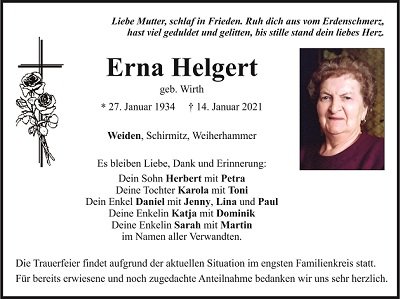 Traueranzeige Erna Helgert, Weiden