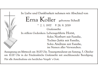 Traueranzeige Erna Koller, Grafenwöhr