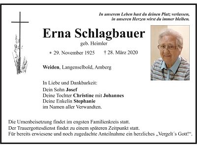 Traueranzeige Erna Schlagbauer, Weiden