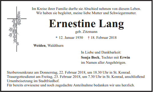 Traueranzeige Ernestine Lang, Weiden