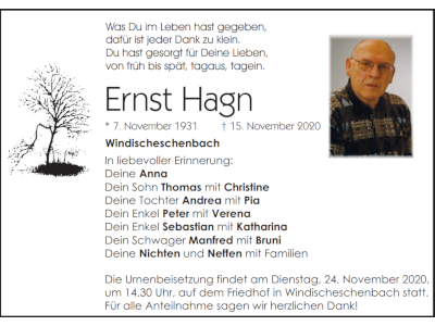 Traueranzeige Ernst Hagn, Windischeschenbach