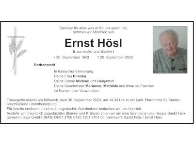 Traueranzeige Ernst Hösl, Rothenstadt