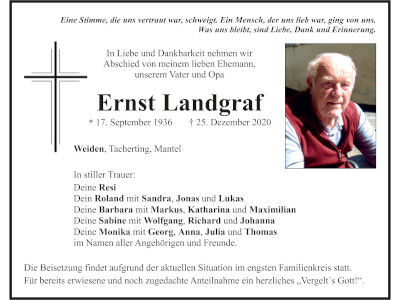 Traueranzeige Ernst Landgraf, Weiden