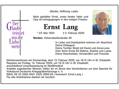 Traueranzeige Ernst Lang, Weiden