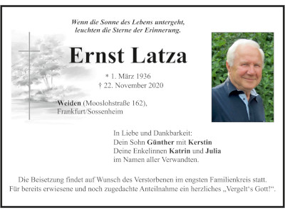 Traueranzeige Ernst Latza, Weiden