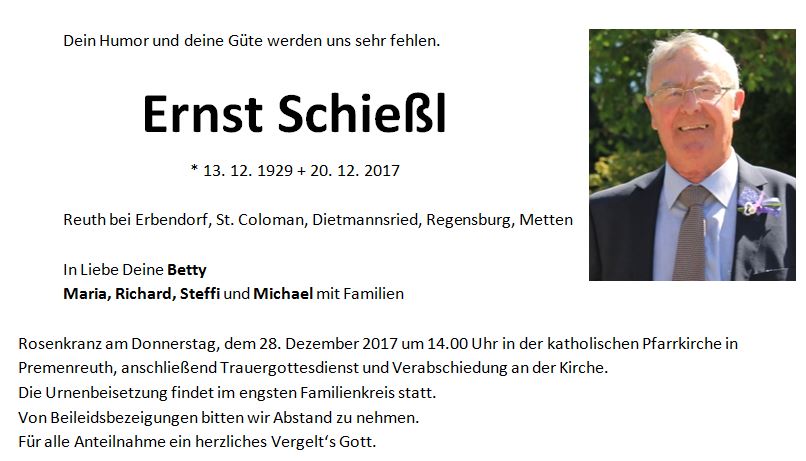 Traueranzeige Ernst Schießl, Reuth bei Erbendorf