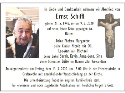 Traueranzeige Ernst Schiffl, Grafenwöhr