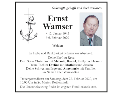 Traueranzeige Ernst Wamser, Weiden