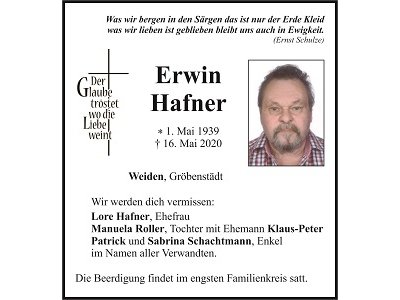 Traueranzeige Erwin Hafner, Weiden