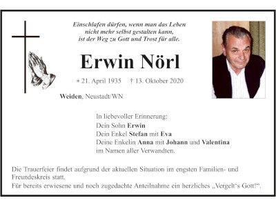 Traueranzeige Erwin Nörl, Weiden
