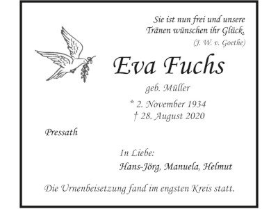 Traueranzeige Eva Fuchs, Pressath