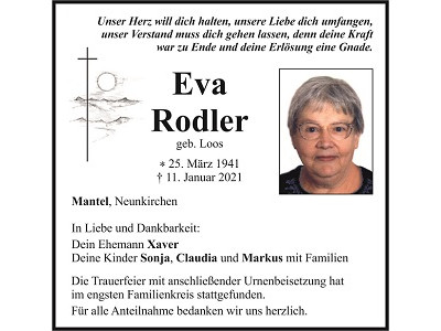 Traueranzeige Eva Rodler, Mantel