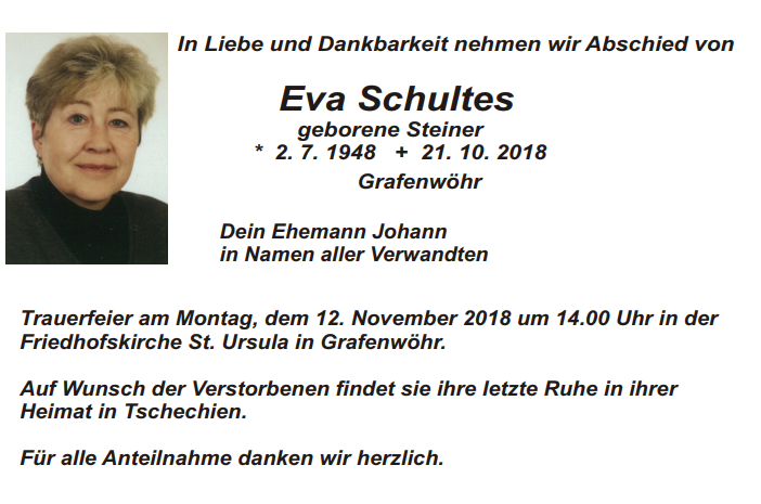 Traueranzeige Eva Schultes, Grafenwöhr