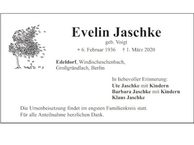 Traueranzeige Evelin Jaschke, Edeldorf