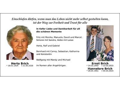 Traueranzeige Familie Brich