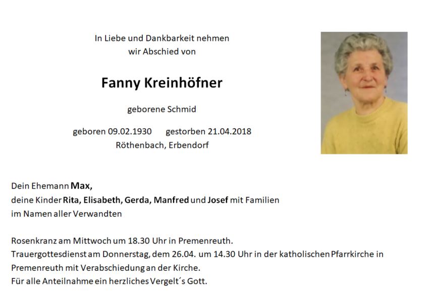 Traueranzeige Fanny Kreinhöfner, Röthenbach