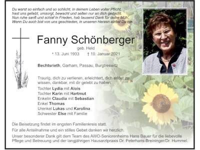 Traueranzeige Fanny Schönberger, Bechtsrieth