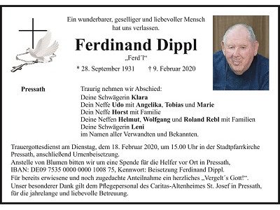 Traueranzeige Ferdinand Dippl, Pressath