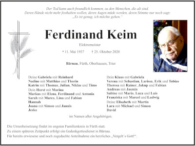 Traueranzeige Ferdinand Keim, Bärnau