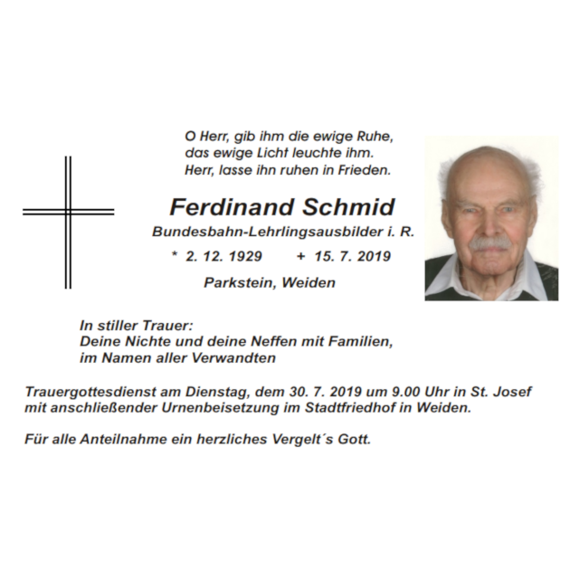 Traueranzeige Ferdinand Schmid, Parkstein