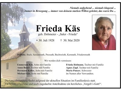 Traueranzeige Frieda Käs, Döllnitz
