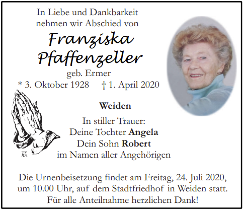 Traueranzeige Franziska Pfaffenzeller, Weiden