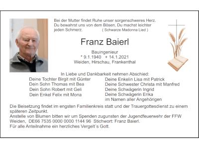 Traueranzeige Franz Baierl, Weiden