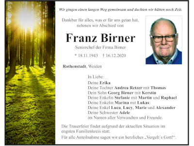 Traueranzeige Franz Birner, Rothenstadt