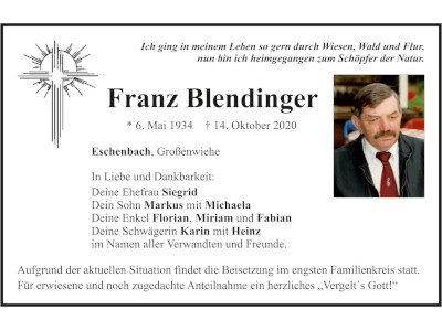 Traueranzeige Franz Blendinger, Eschenbach