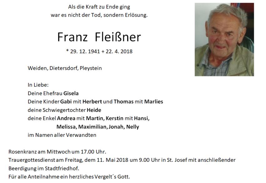 Traueranzeige Franz Fleißner, Weiden